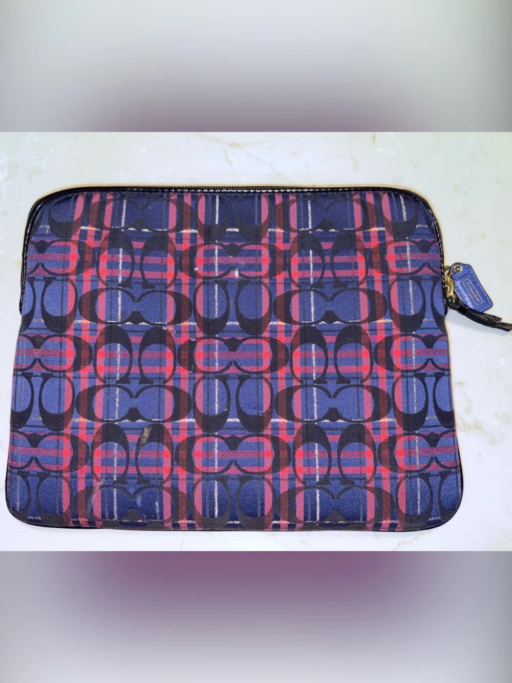 Coach Navy and Pink Plaid Signature Tech Sleeve